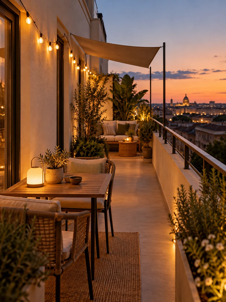 Terraza estrecha iluminada con guirnalda y toldo de vela al atardecer