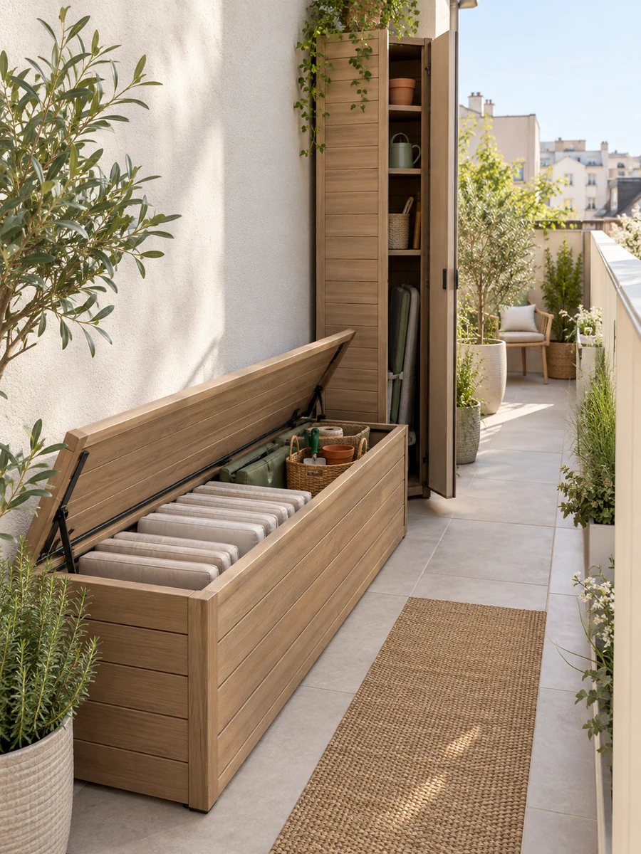 Banco arcón y armario vertical para almacenar en una terraza estrecha