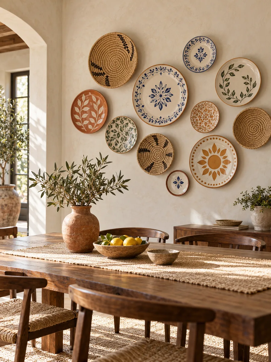 Platos y bandejas decorativos colocados en la pared del comedor