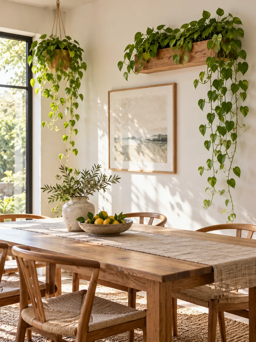 Plantas colgantes y jardinera mural en un comedor