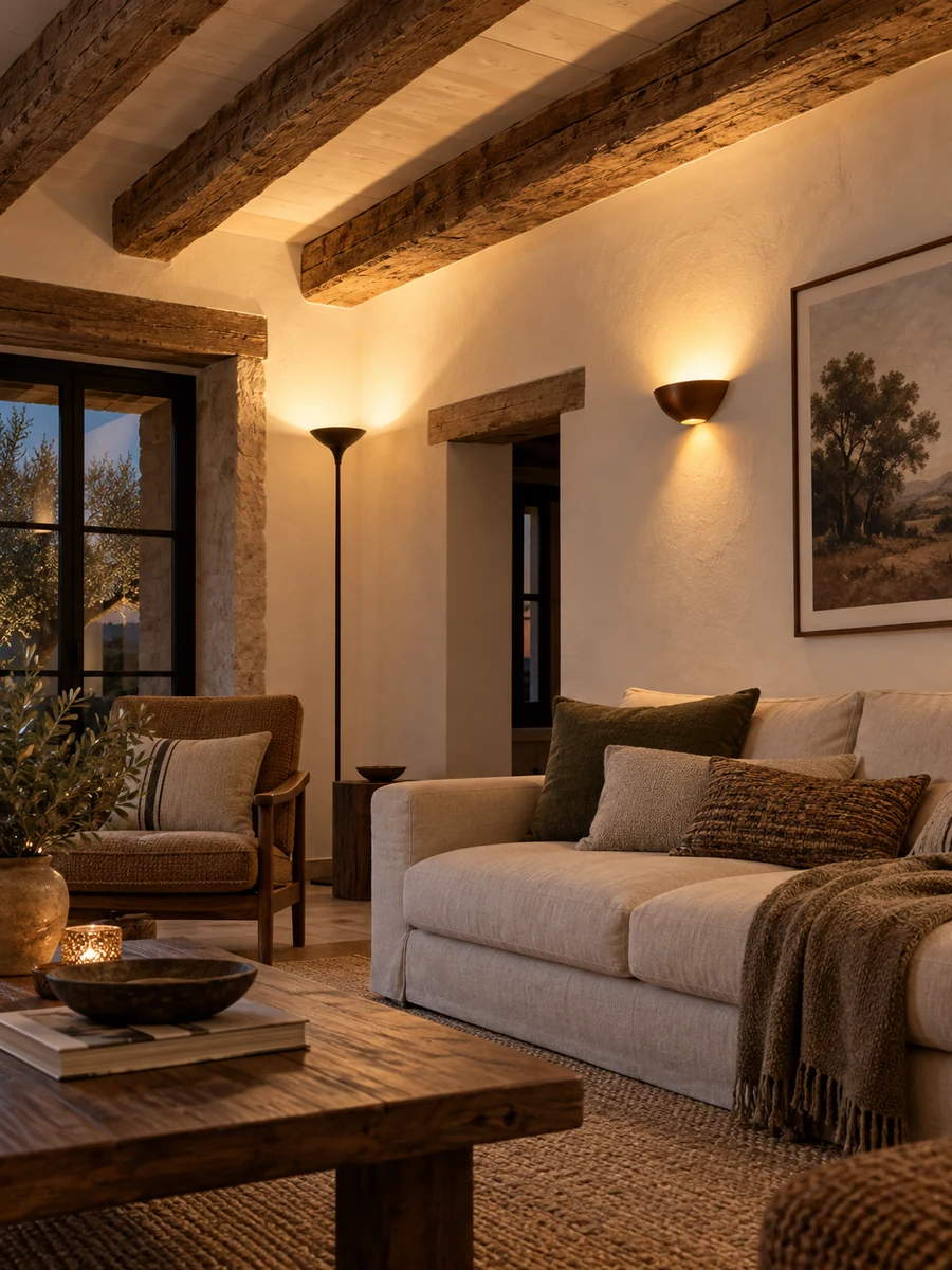 Salón con vigas iluminado por un aplique y una lámpara de pie orientados hacia el techo