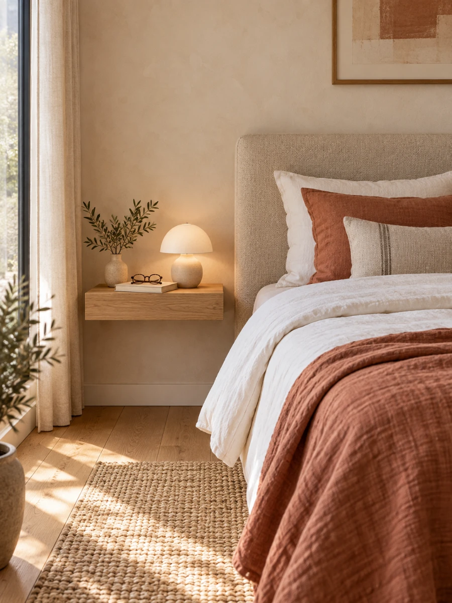 Balda flotante de madera junto a la cama como alternativa a la mesita de noche