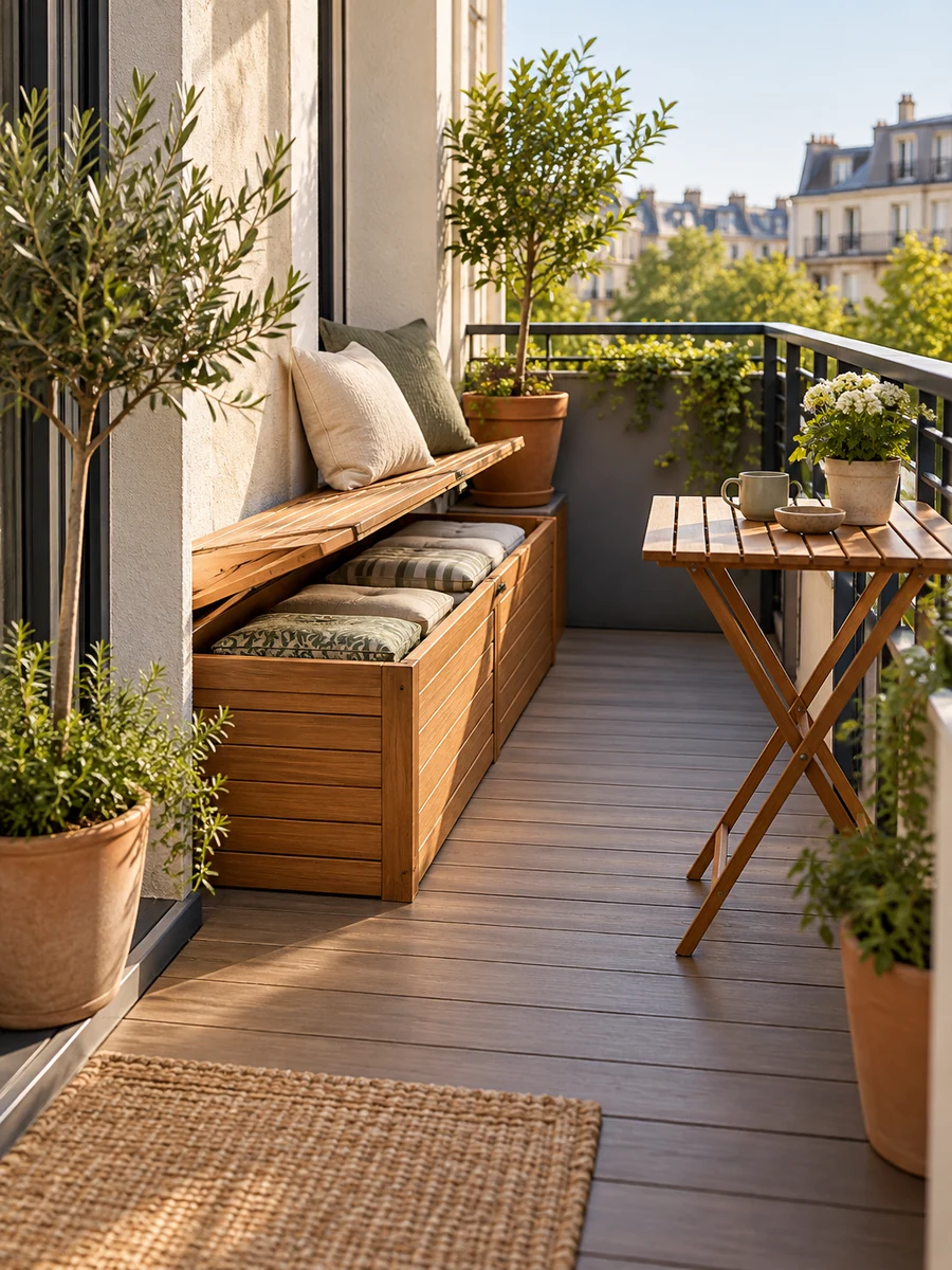 Banco de almacenaje con cojines y mesa plegable en una terraza pequeña