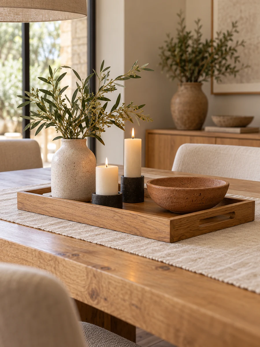 Bandeja de madera con jarrón y velas sobre una mesa de comedor