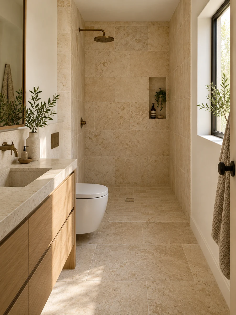Baño pequeño con ducha abierta sin divisiones de cristal ni cortinas.