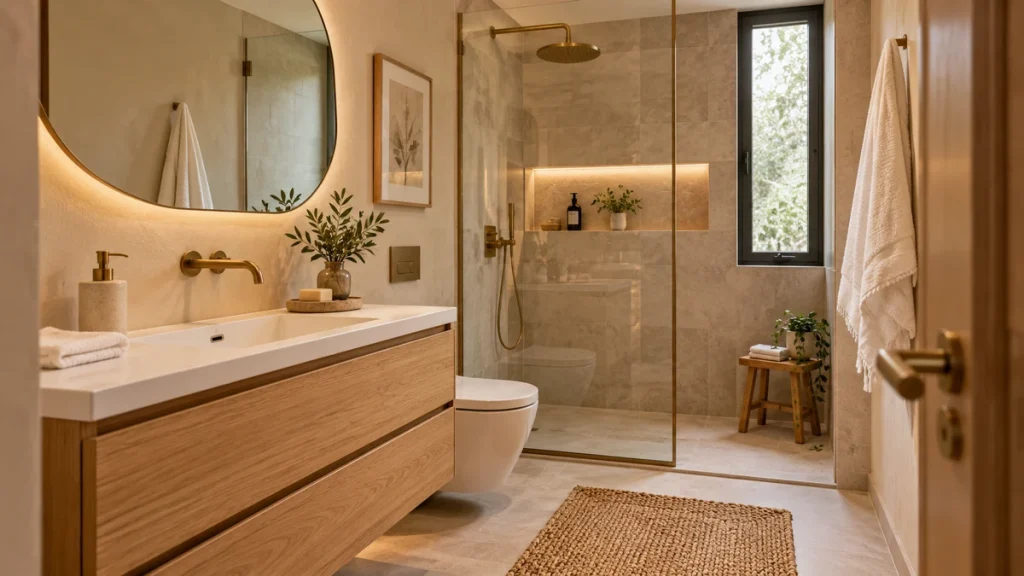 Baño pequeño elegante con mueble de madera, espejo amplio y ducha con mampara transparente.