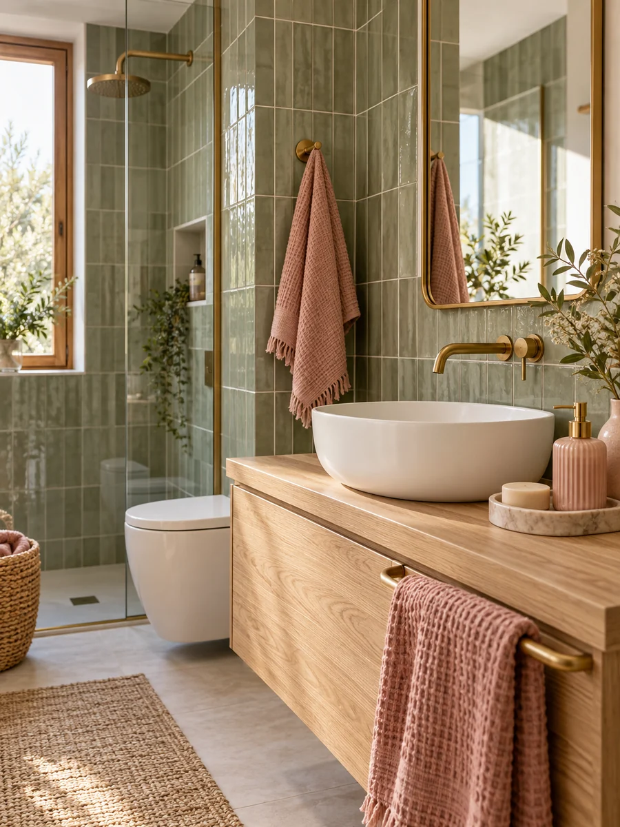 Baño con azulejos verde oliva, toallas rosa empolvado y mueble de madera clara.