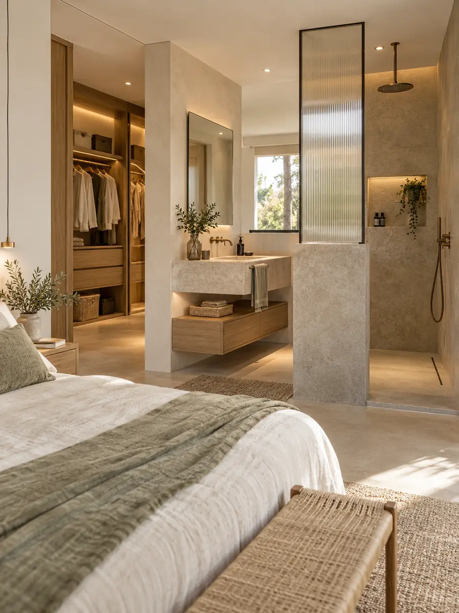 Baño en suite con ducha protegida por vidrio traslúcido