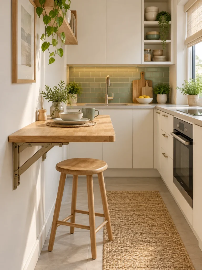 Barra abatible de pared abierta en una cocina pequeña