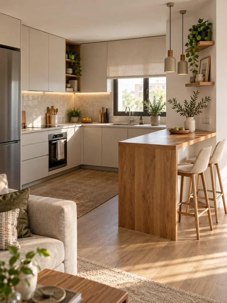 Barra de madera en el lateral de una cocina en L