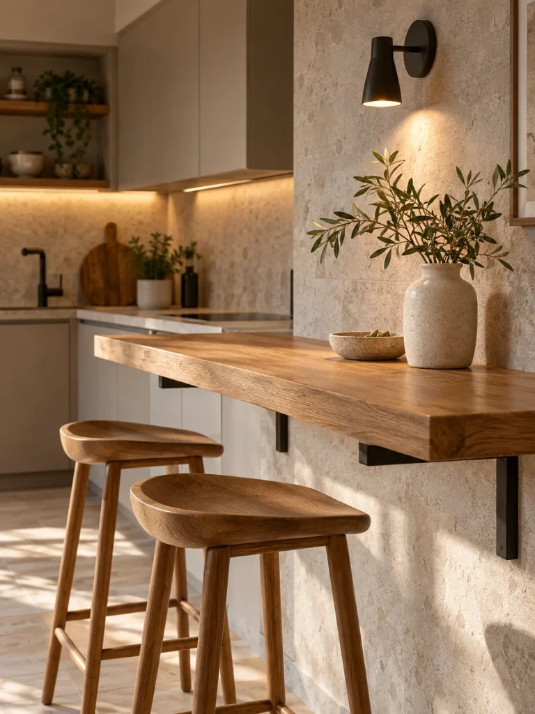 Barra de cocina de madera con iluminación cálida y soportes negros