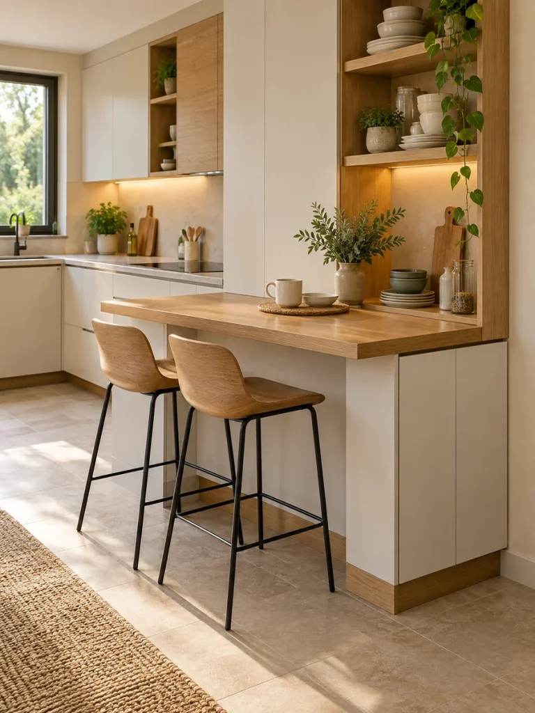 Barra de cocina contra la pared con almacenaje y taburetes