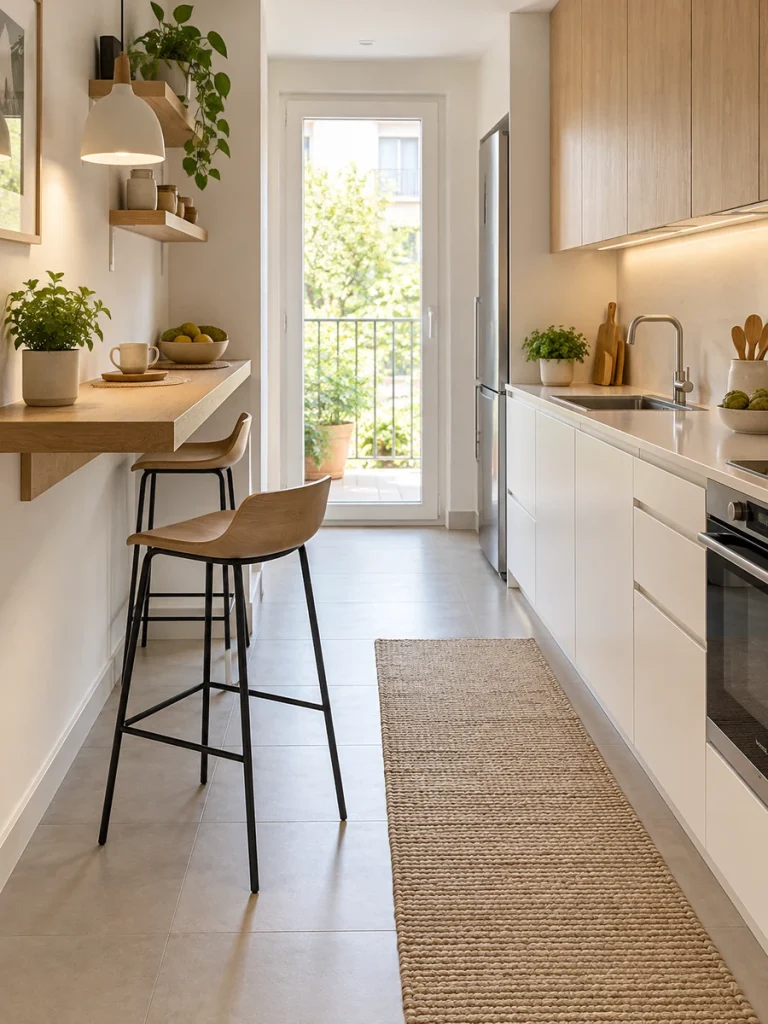 Barra de cocina contra la pared con espacio de paso despejado