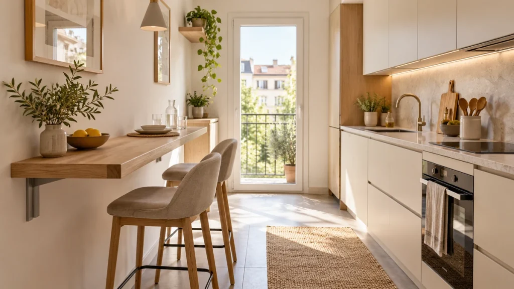Barra de madera pegada a la pared en una cocina estrecha y luminosa