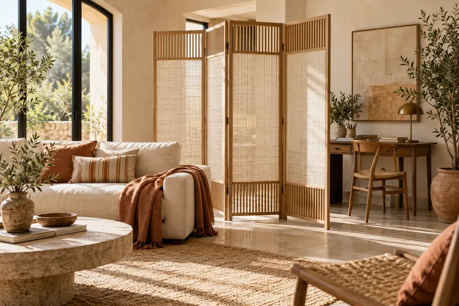 Biombo de madera y tejido separando un salón luminoso de una zona de trabajo