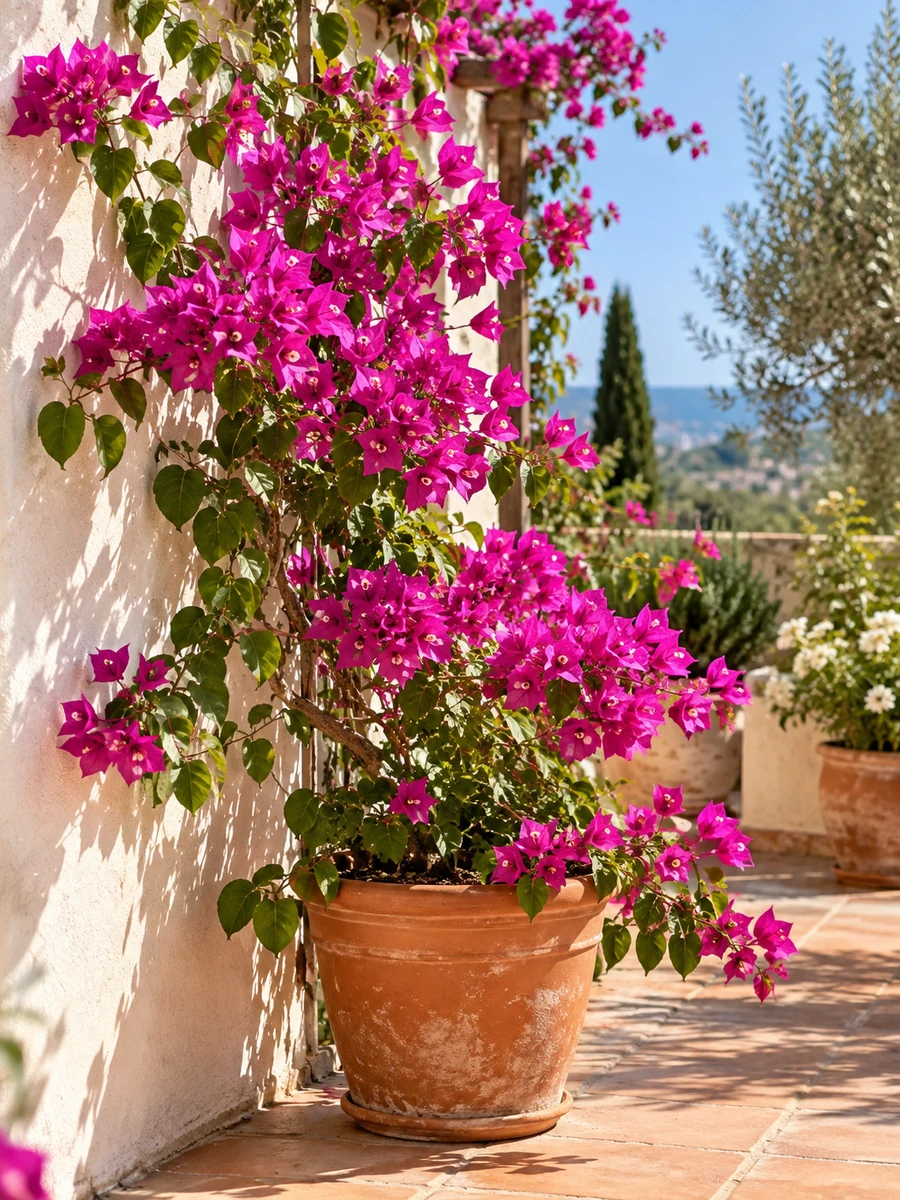 Buganvilla magenta junto a una pared soleada