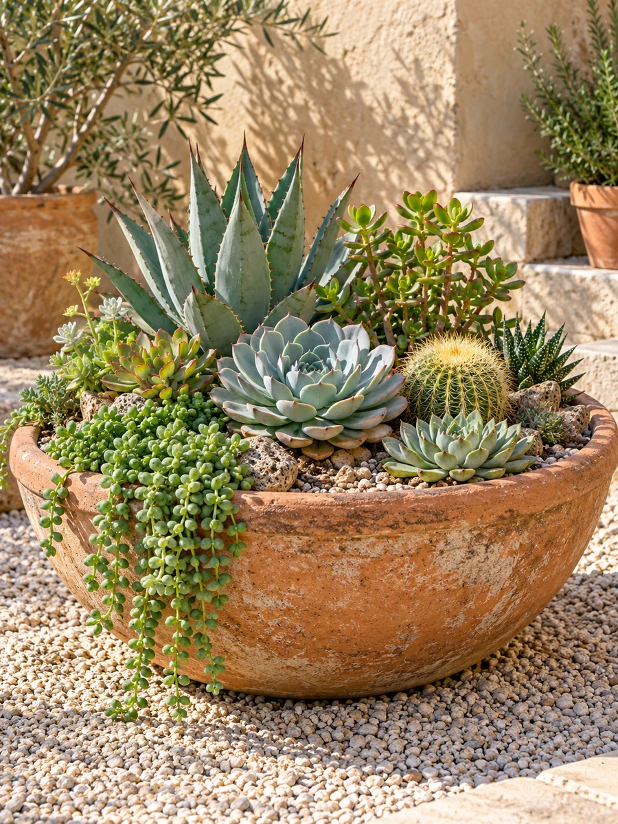 Composición de cactus y suculentas en una tinaja de barro