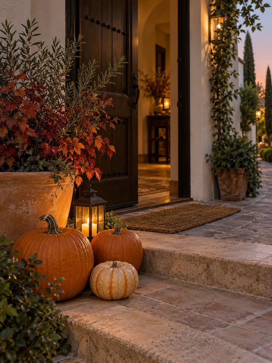 Calabazas de distintos tamaños y farol junto a una puerta de entrada