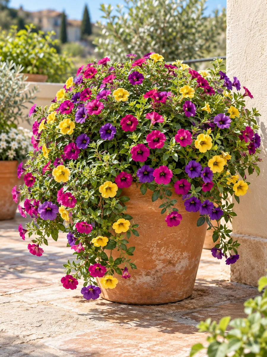 Calibrachoa o minipetunia en flor a pleno sol