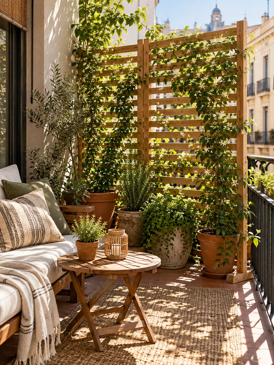 Celosía de madera con plantas que aporta privacidad a una terraza