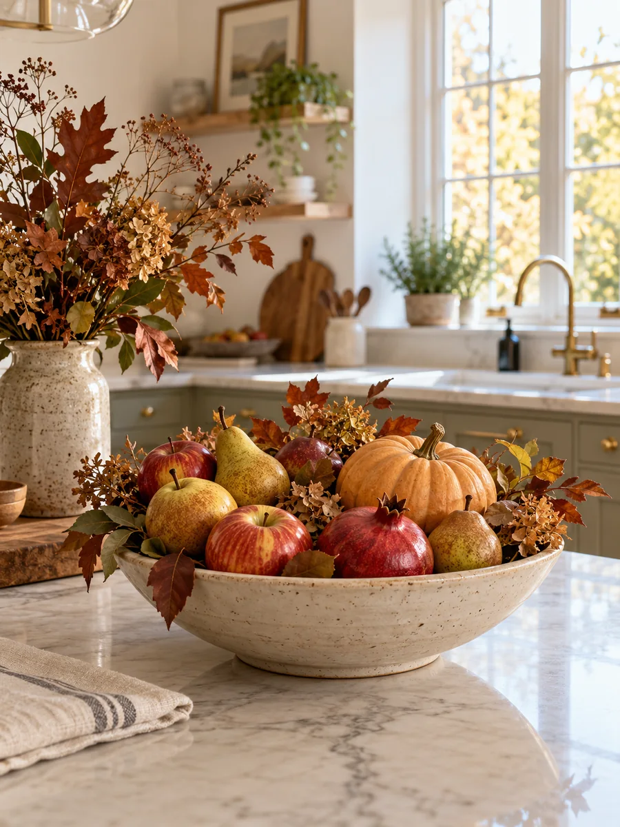 Cuenco con manzanas, peras y calabaza junto a ramas otoñales en una cocina luminosa.