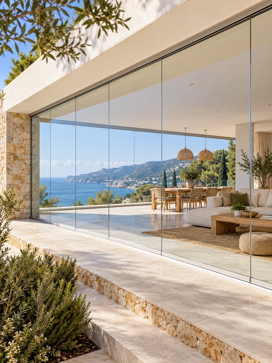 Cerramiento de cristal sin perfiles para grandes huecos