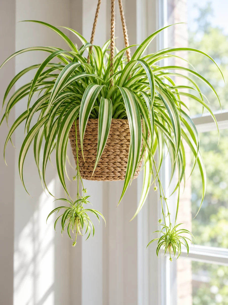 Planta cinta de hojas arqueadas verdes y crema con hijuelos colgando en un macetero de fibras naturales.