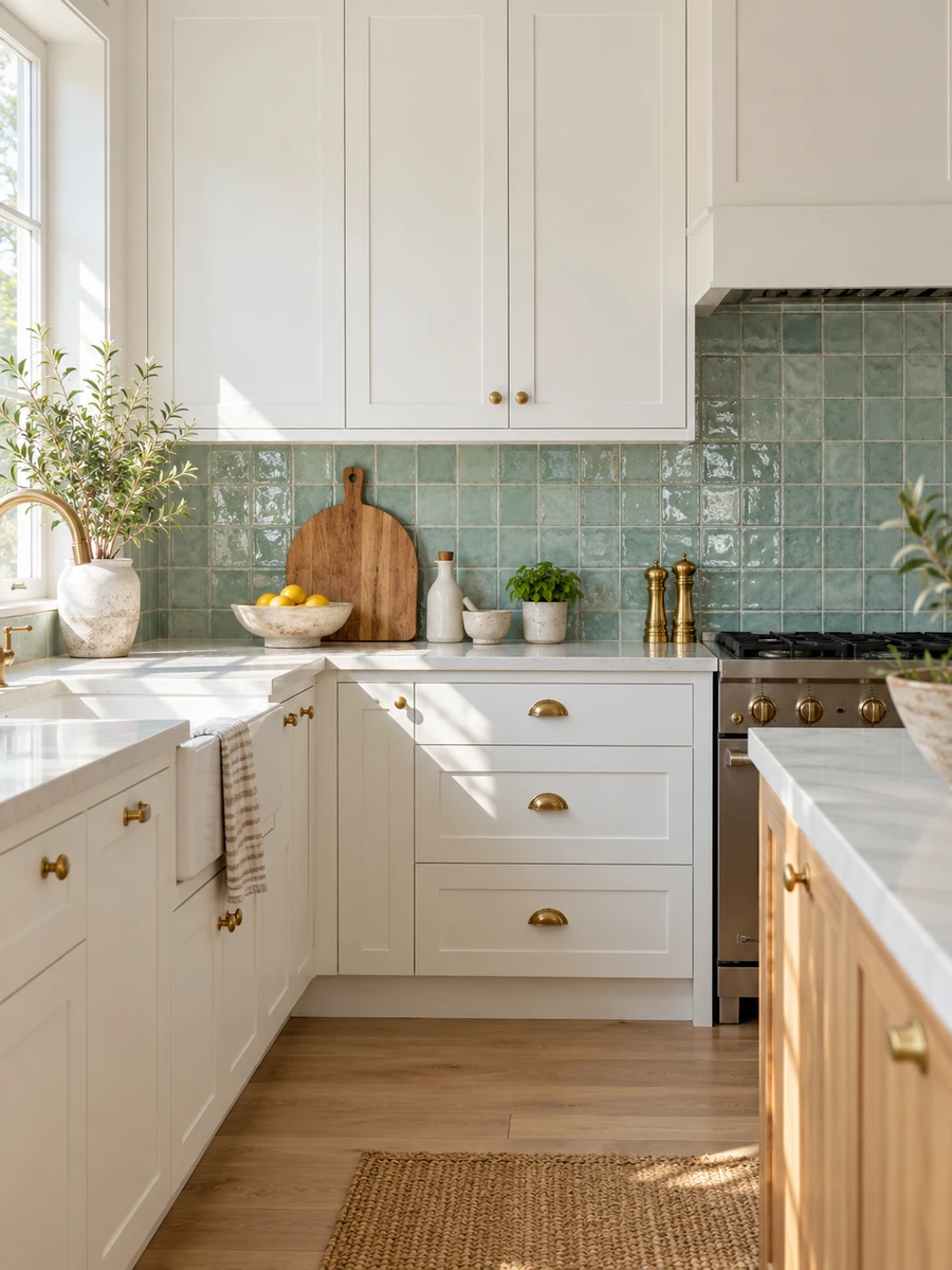 Cocina blanca con azulejos verde agua en el frente de trabajo y encimera clara