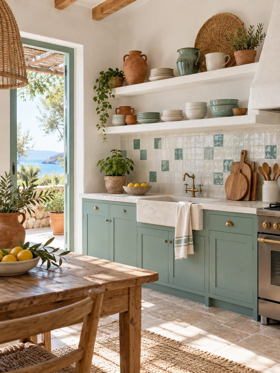 Cocina mediterránea con muebles verde agua, cerámica artesanal, madera y detalles terracota