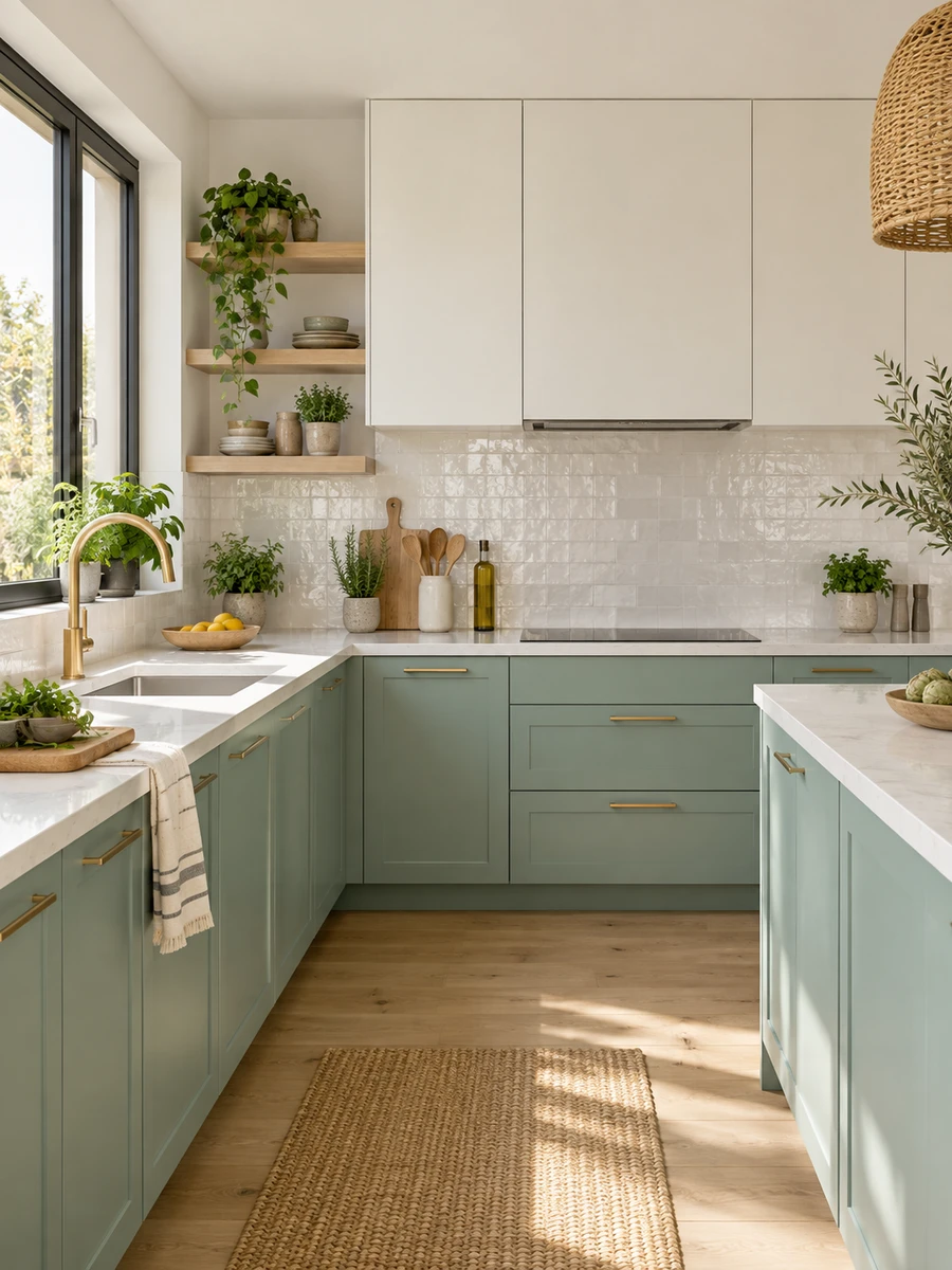 Cocina con muebles verde agua, encimera blanca y detalles de madera clara