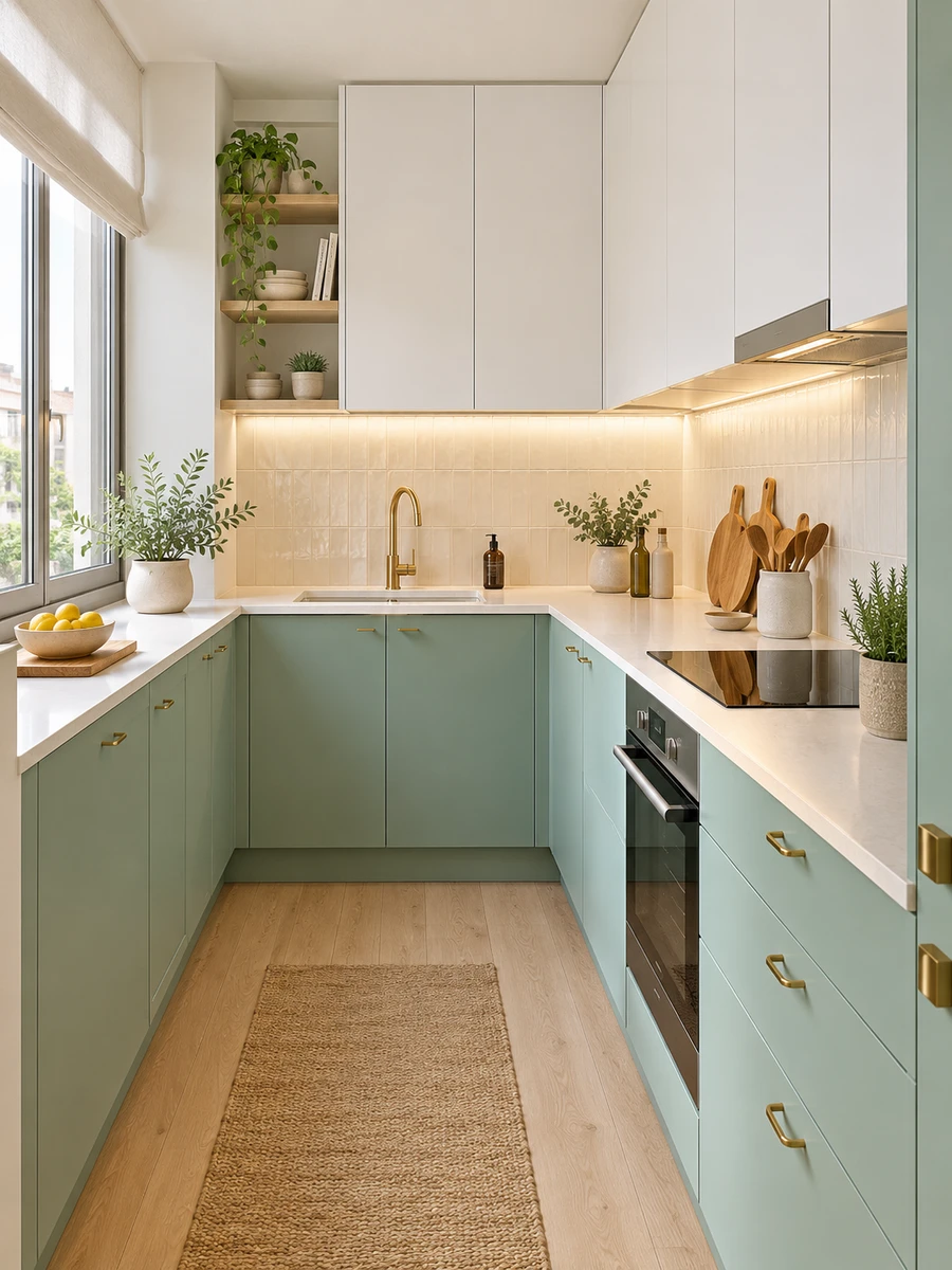 Cocina pequeña con muebles bajos verde agua, muebles altos blancos y luz bajo armarios