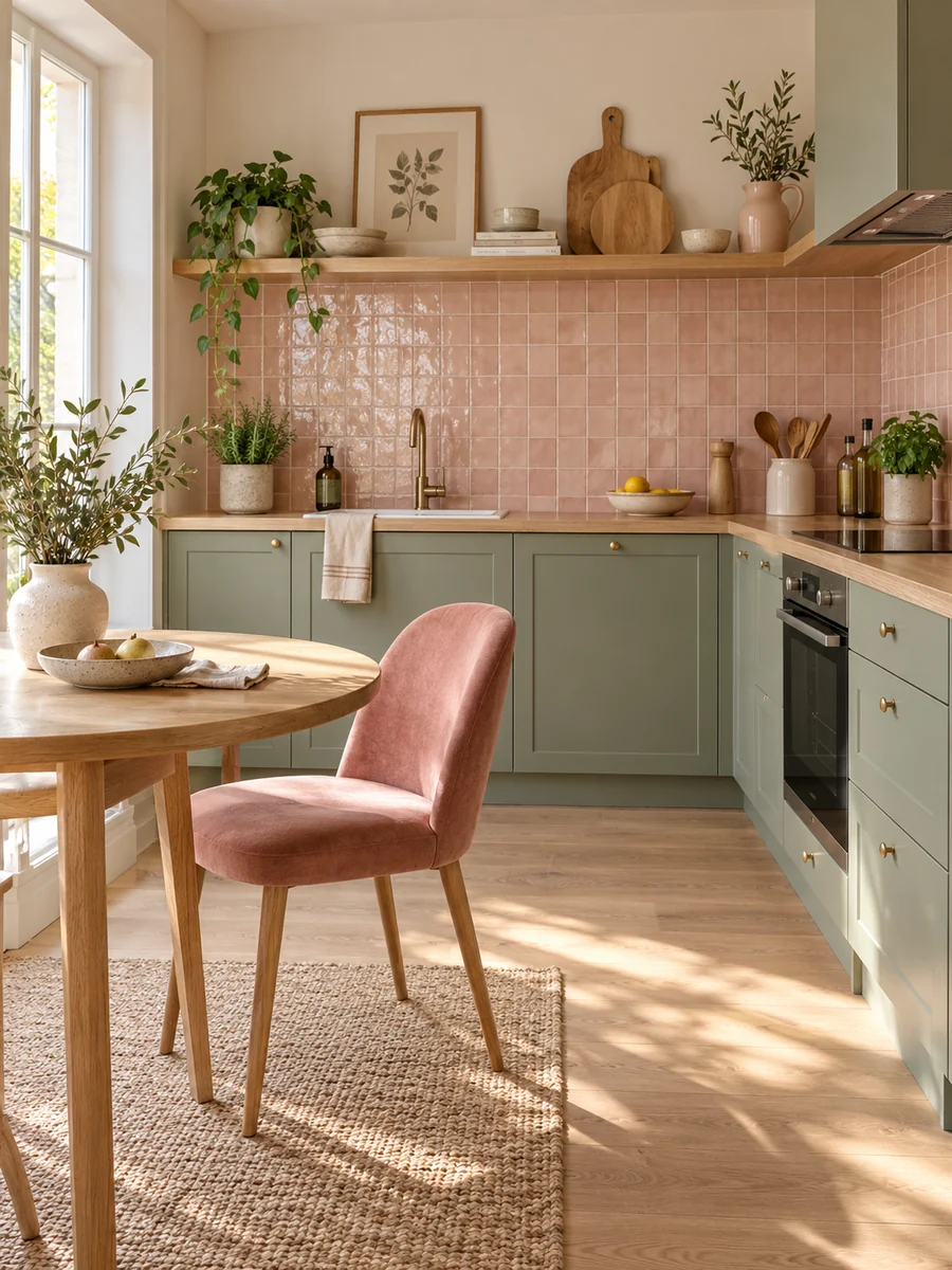 Cocina con muebles verde salvia, azulejos rosa pálido y una silla tapizada en rosa.