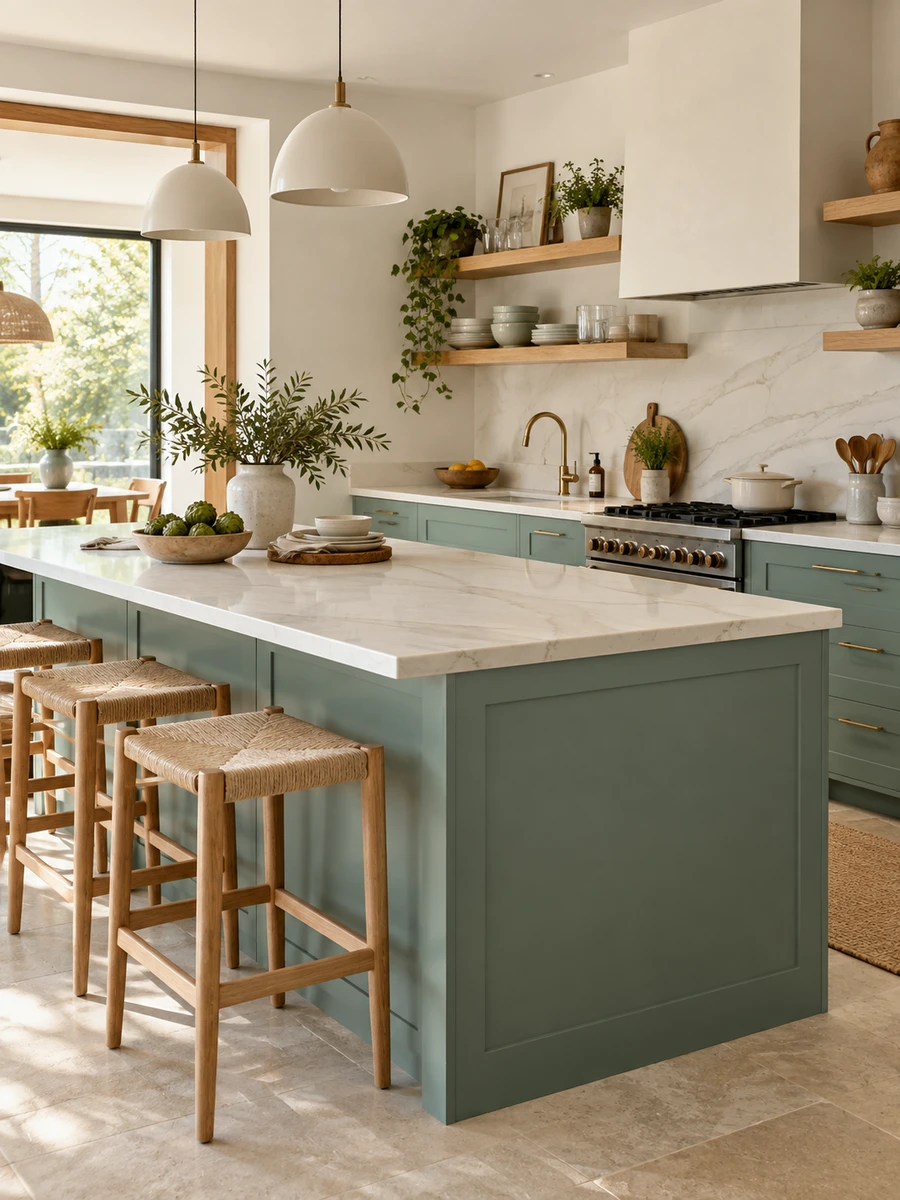 Cocina verde agua con isla, encimera de piedra blanca, madera clara y taburetes de fibra