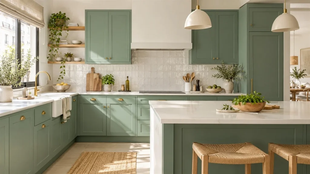 Cocina verde agua y blanco con muebles verde agua, encimera blanca y luz natural