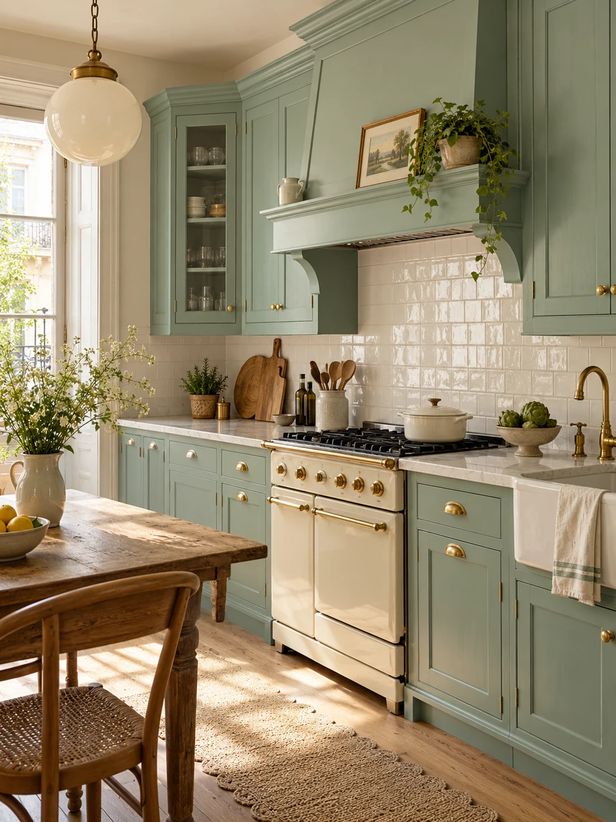 Cocina vintage con muebles verde agua, azulejos blancos y detalles de latón