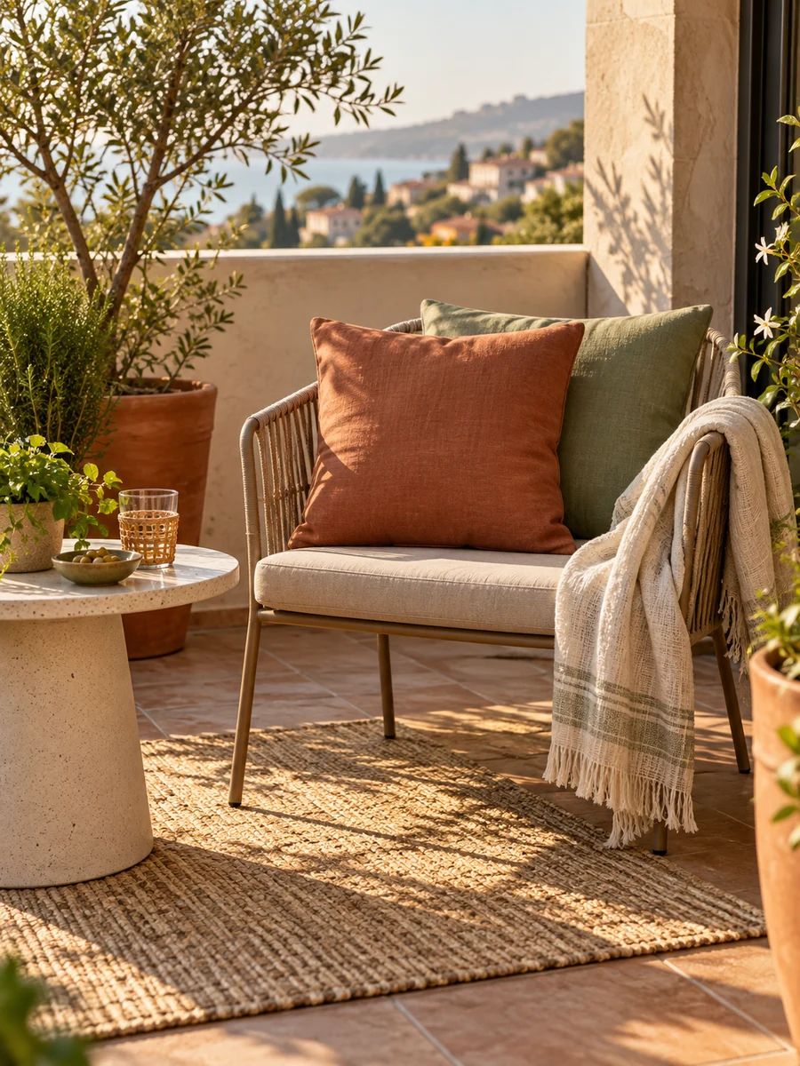 Sillón de terraza con cojines en tonos terracota y verde y alfombra exterior
