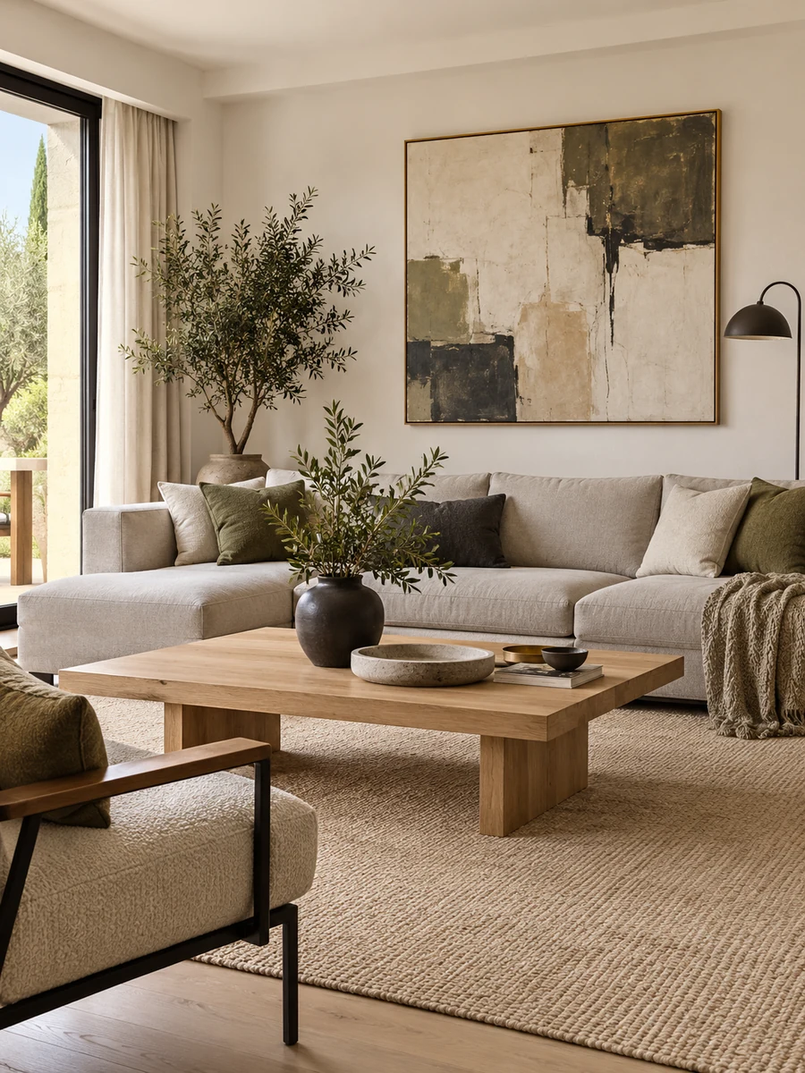 Salón moderno y elegante con paleta de colores neutros y acentos oliva