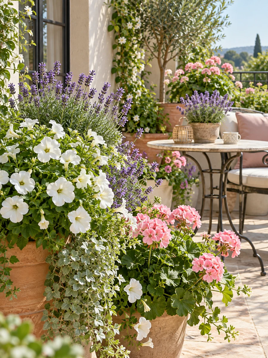 Combinación de flores y colores para decorar la terraza Combinación de flores blancas, rosas y lavanda en una terraza
