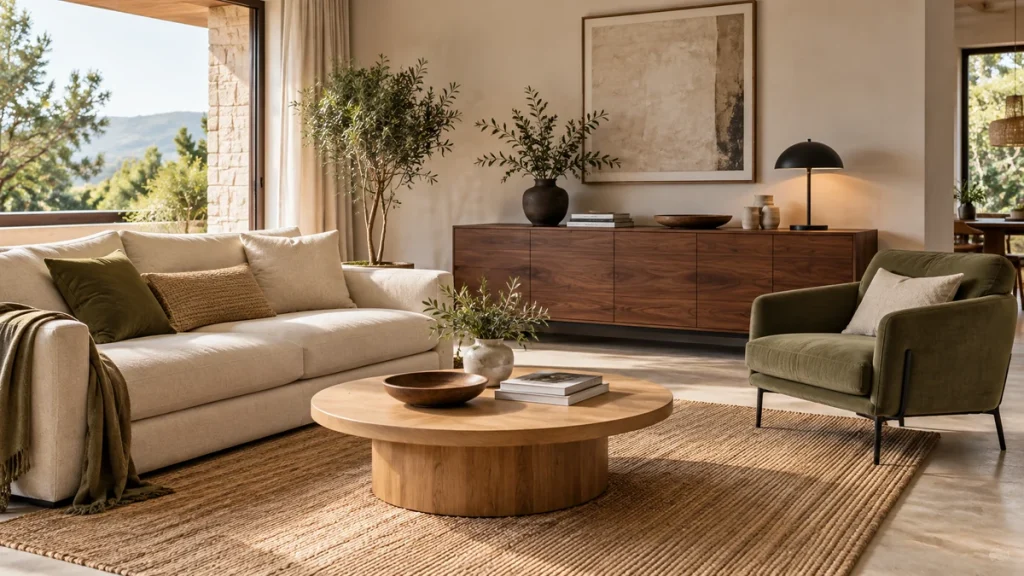 Salón con sofá beige, butaca verde oliva y muebles de madera de distintos tonos