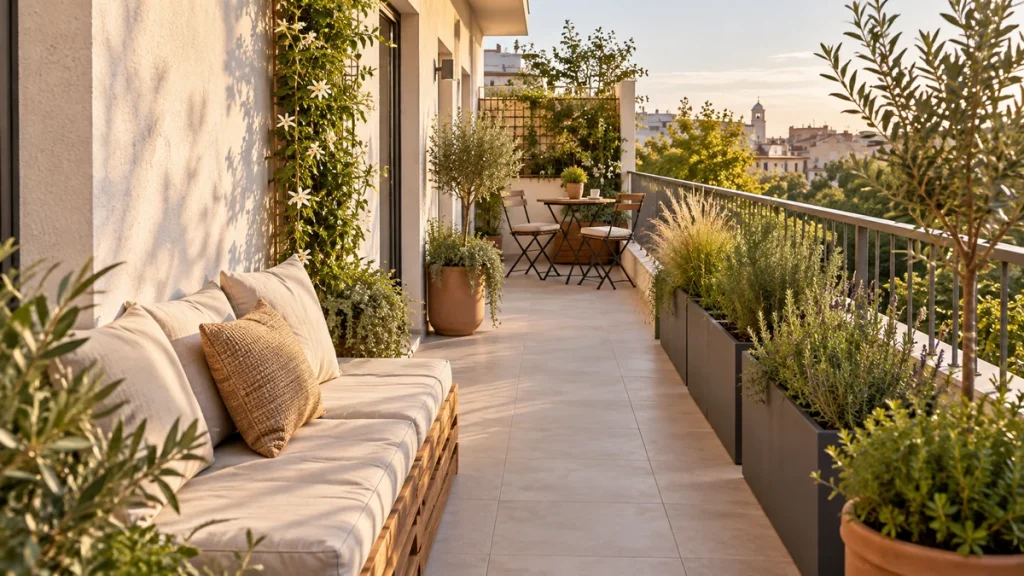 Terraza estrecha y larga con banco, mesa plegable y plantas en macetas