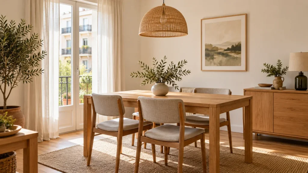 Comedor sencillo con mesa de madera clara, sillas neutras y lámpara de fibras naturales