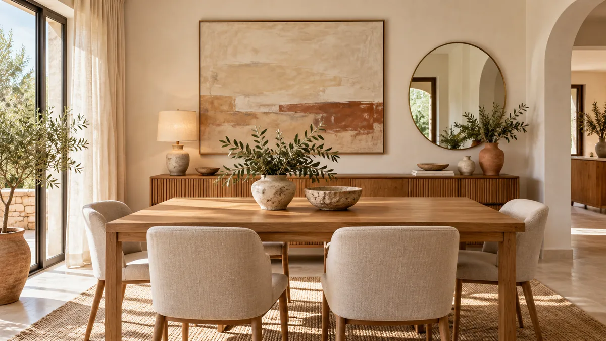 Comedor luminoso con cuadro y espejo decorando la pared detrás de la mesa