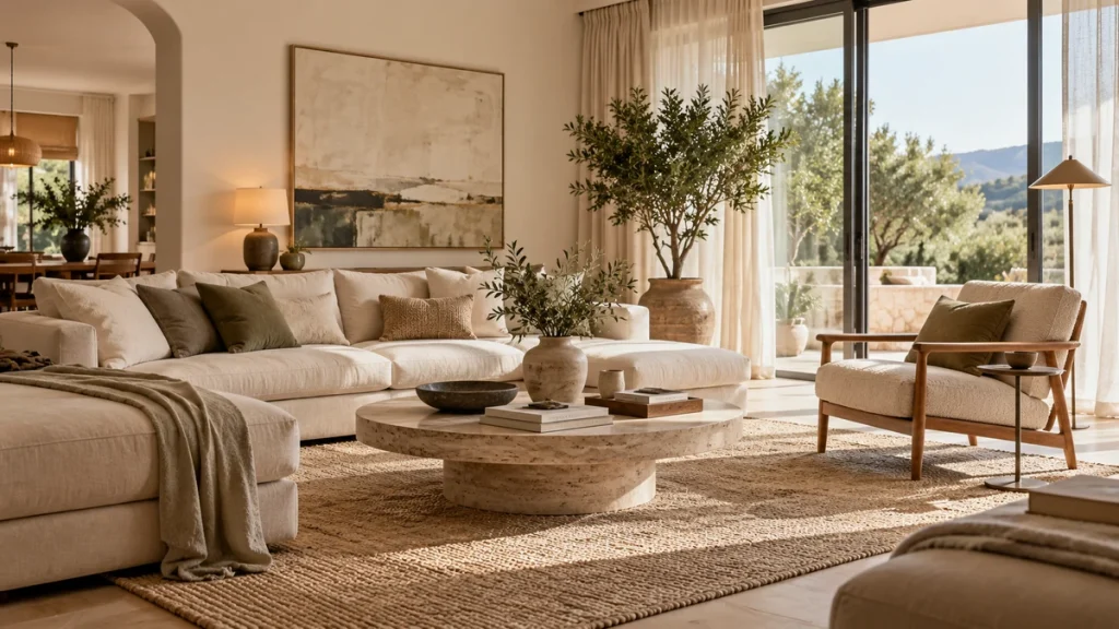 Salón moderno y elegante con sofá beige, mesa de centro y luz natural