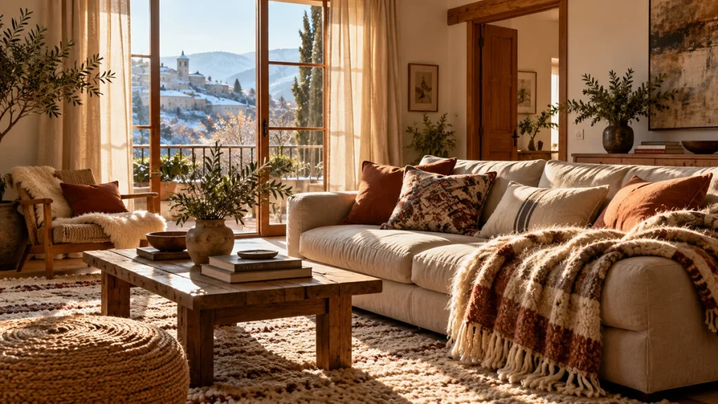 Salón acogedor con luz natural de invierno, cortinas, alfombra y manta sobre el sofá