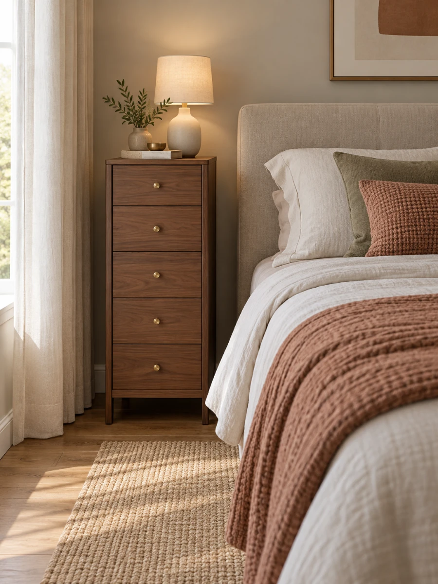Cómoda estrecha de madera junto a la cama para sustituir la mesita de noche