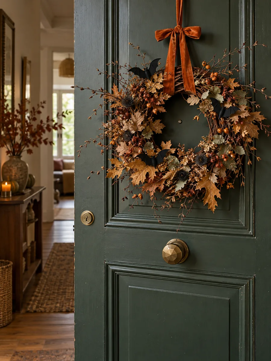 Corona otoñal de ramas y hojas sobre una puerta verde decorada para Halloween