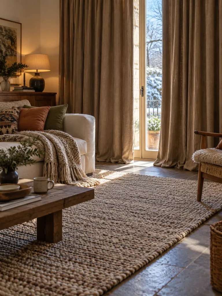 Salón acogedor con cortinas gruesas y alfombra que ayudan a protegerlo del frío.