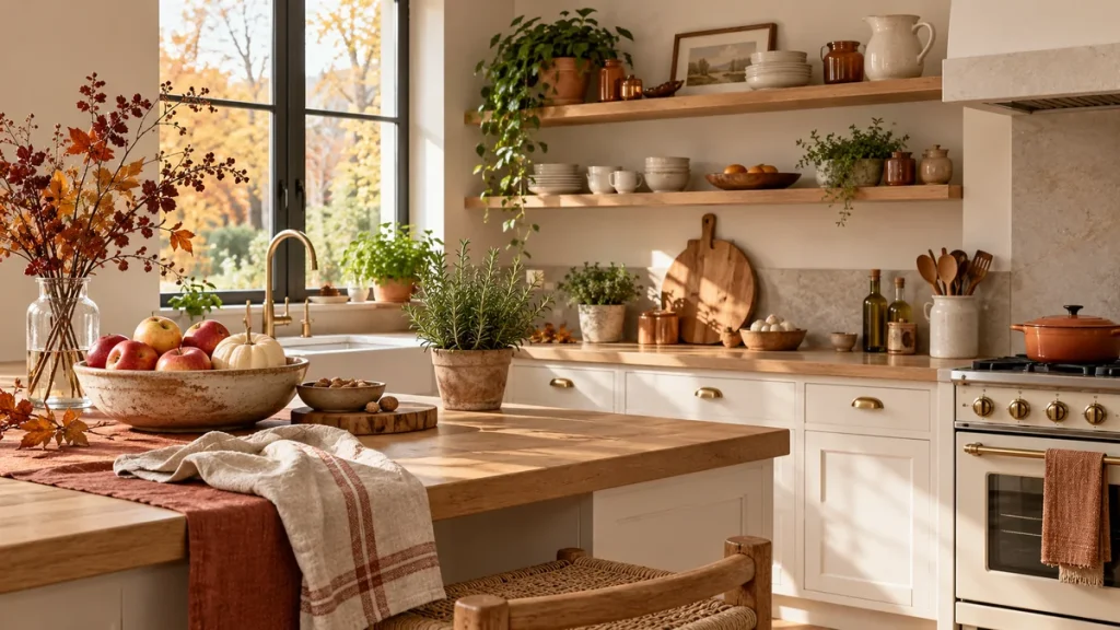 Cocina luminosa decorada para otoño con calabaza, manzanas, cerámica y textiles cálidos.