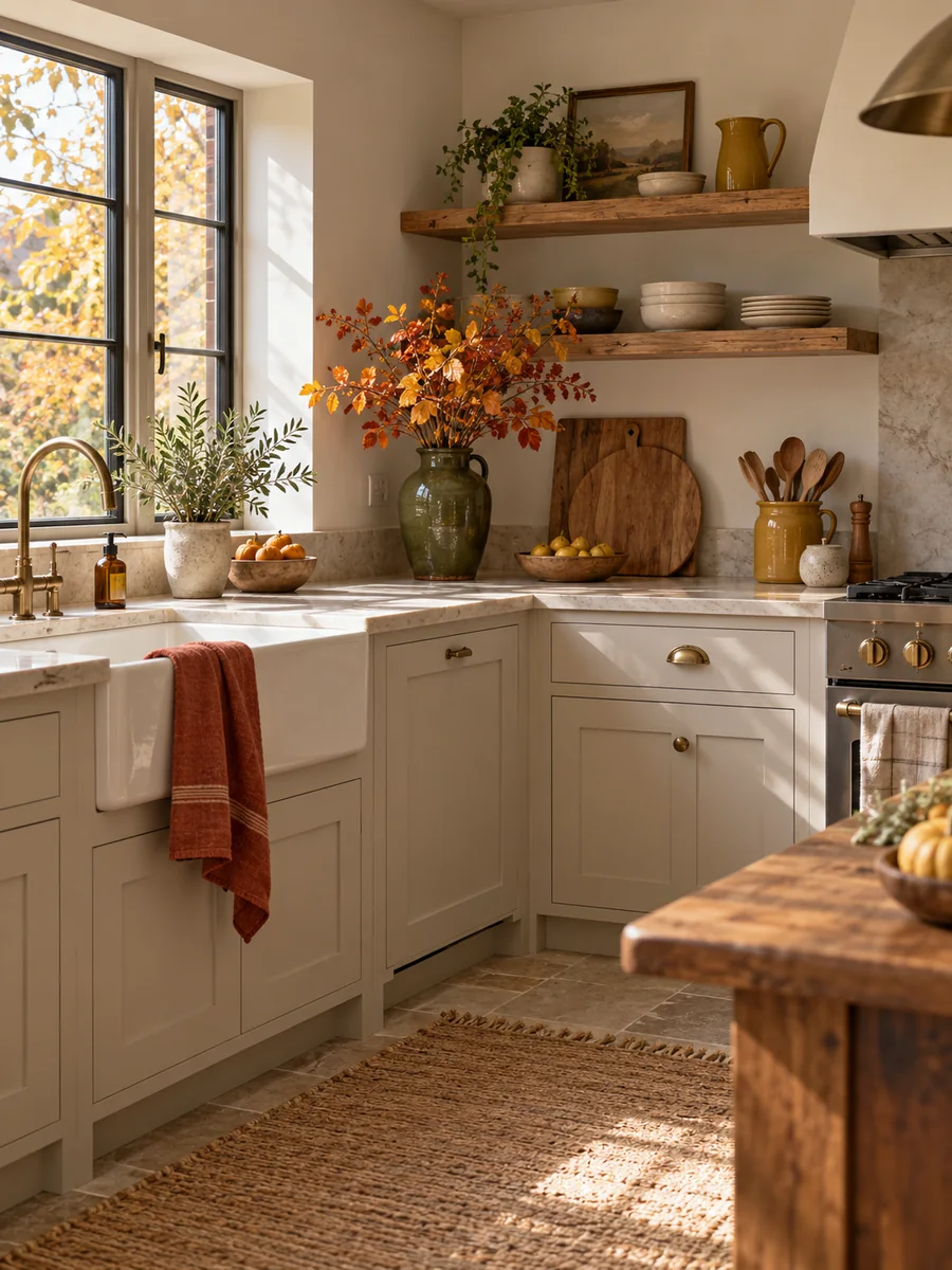 Cocina luminosa con paño terracota, cerámica verde oliva y madera en tonos de otoño.