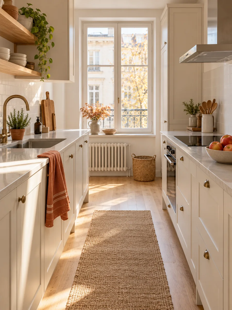 Cocina compacta y luminosa con paño terracota, manzanas y hierbas aromáticas.